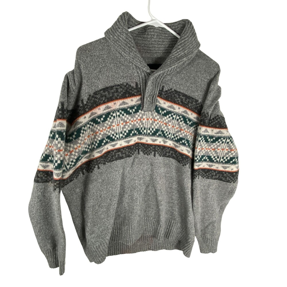 American Eagle Outfitters Sweater Mens XL Gray Fair Isle Ski Henley Knit